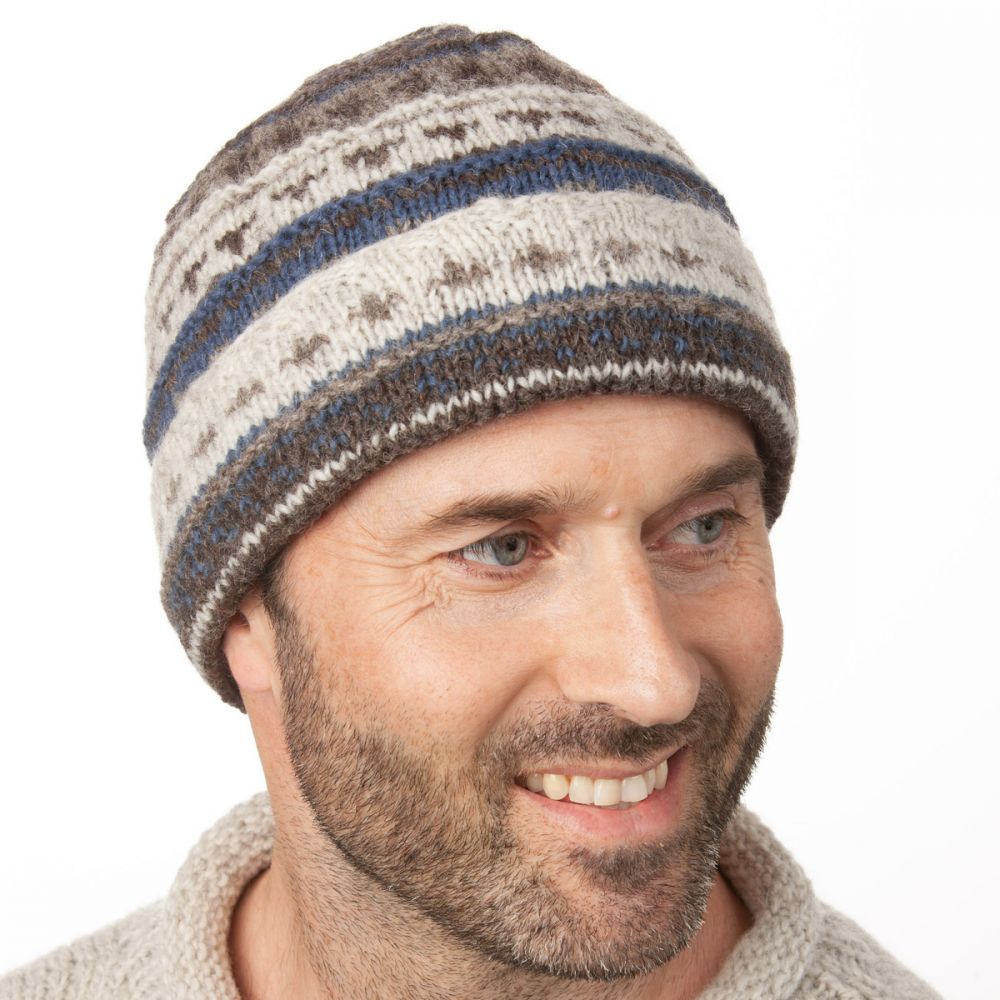 Turn up pattern beanie hat natural browns blue Black Yak