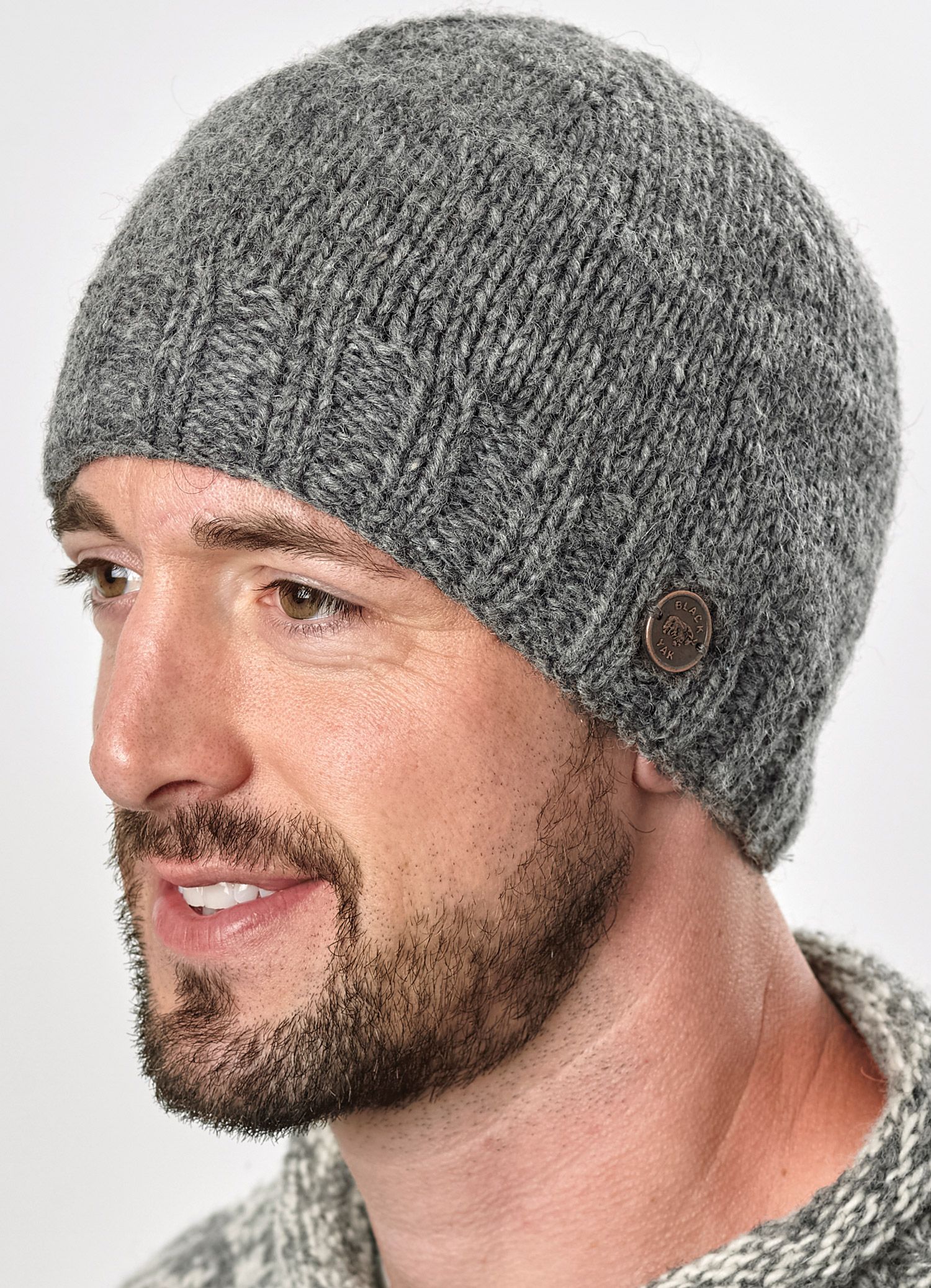 Pure Wool - half fleece lined - beanie - Mid grey | Black Yak