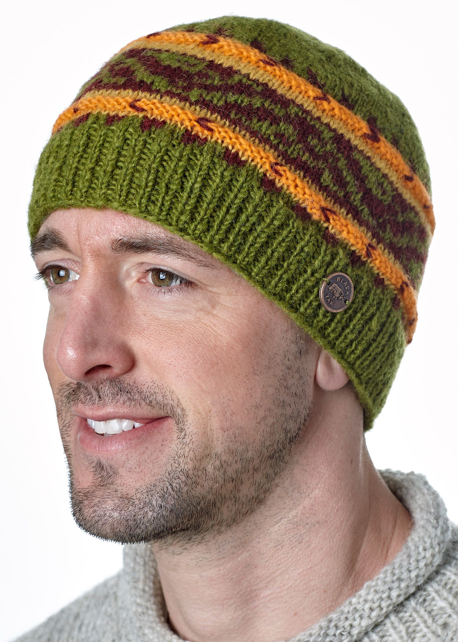 Hand knit NAYA pattern band beanie green Black Yak