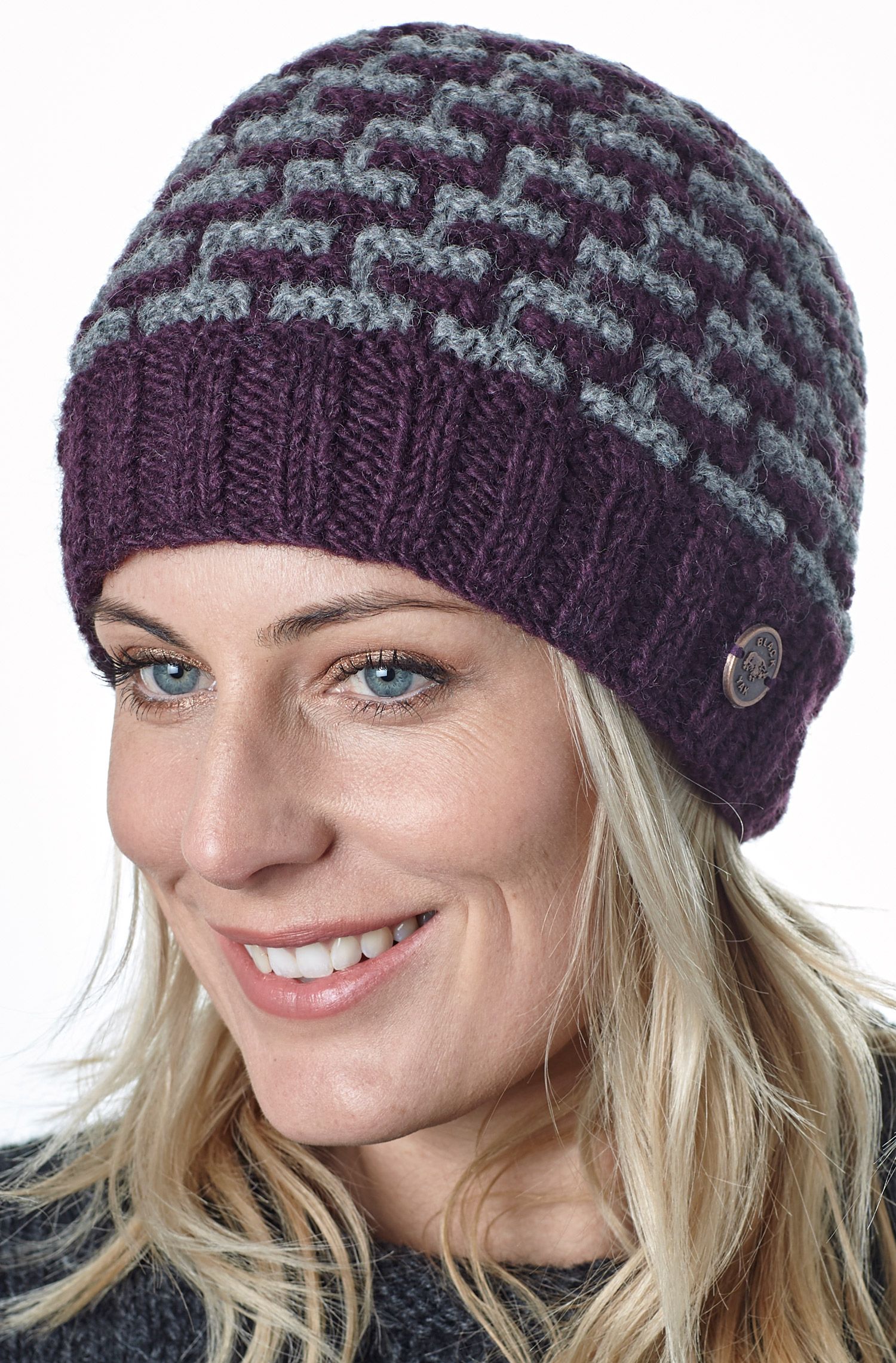 Pure Wool - Ladder Beanie - Aubergine | Black Yak