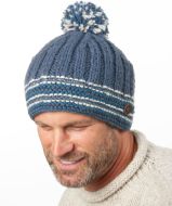 Pure Wool Hand knit - Rib Line Bobble Hat - Denim Blue