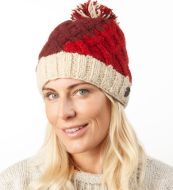 Pure Wool Hand knit - lattice step bobble hat - Reds/cream