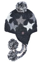 Pure wool - half fleece lined - star earflap hat - Charcoal