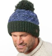 Pure Wool Hand knit - altitude turn up bobble hat - lapis pine heather