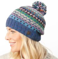 Pure Wool Hand Knit - Fair Isle Bobble Hat - Blue Heather