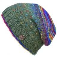 Pure Wool Hand knit - solar tick baggy beanie - forest green/rainbow