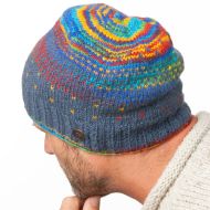 Pure Wool Hand knit - solar tick baggy beanie - dark denim/rainbow