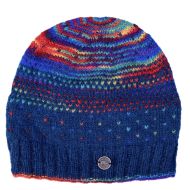 Pure Wool Hand knit - solar tick baggy beanie - dark denim/rainbow