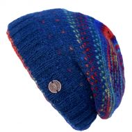 Pure Wool Hand knit - solar tick baggy beanie - dark denim/rainbow