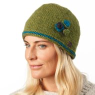 Half fleece lined - pure wool - three flower - beanie - moss green