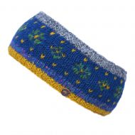 Flower Tick headband - hand knit - blue heather mustard