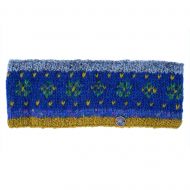 Flower Tick headband - hand knit - blue heather mustard