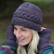 Pure Wool Hand Knit - Rope Cable Beanie - Purple Heather