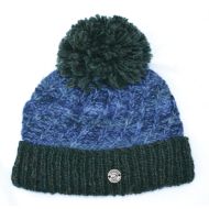 Pure Wool Hand knit - altitude turn up bobble hat - lapis pine heather