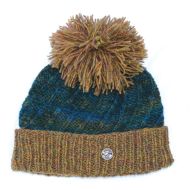 Pure Wool Hand knit - altitude turn up bobble hat - spruce teal gold heather