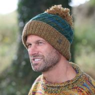 Pure Wool Hand knit - altitude turn up bobble hat - spruce teal gold heather