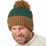 Pure Wool Hand knit - altitude turn up bobble hat - spruce teal gold heather