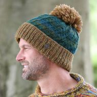 Pure Wool Hand knit - altitude turn up bobble hat - spruce teal gold heather