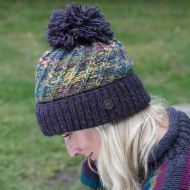 Pure Wool Hand knit - altitude turn up bobble hat - glen berry purple heather