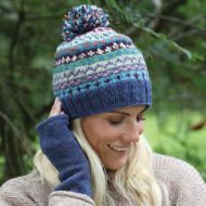 Pure Wool Hand Knit - Fair Isle Bobble Hat - Blue Heather