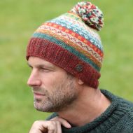 Pure Wool Hand Knit - Fair Isle Bobble Hat - Rust Heather