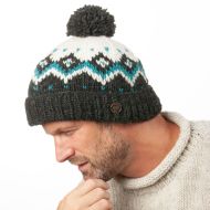 Pure Wool Hand knit - Turn Up Diamonds Bobble Hat - Lagoon