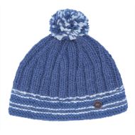 Pure Wool Hand knit - Rib Line Bobble Hat - Denim Blue