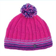 Pure Wool Hand knit - Rib Line Bobble Hat - Pink