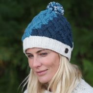 Pure Wool Hand knit - lattice step bobble hat - Blue/White