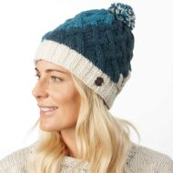 Pure Wool Hand knit - lattice step bobble hat - Blue/White