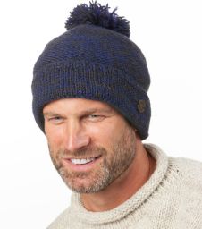 Two tone turn up - bobble hat - pure wool - dark blue/smoke