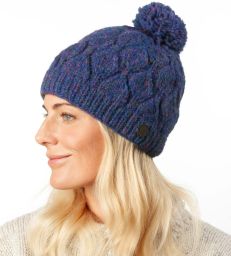 Leaf bobble hat - hand knitted - pure wool - fleece lining - blue heather