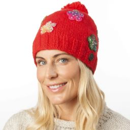 Pure wool - felt flower sparkle bobble - Red