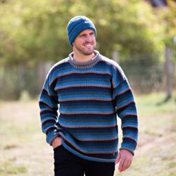 Handmade Pure Wool - stripe jumper - Blue brown grey