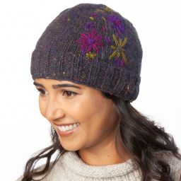 Pure Wool Hand embroidered beanie - heather purple