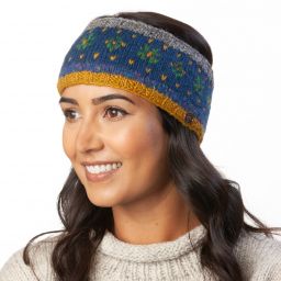 Flower Tick headband - hand knit - blue heather mustard