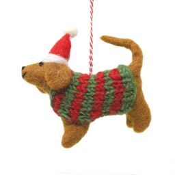 Handmade Christmas - Wool Felt Hanging Decoration - Brown Dog with Jumper