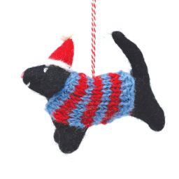 Handmade Christmas - Wool Felt Hanging Decoration - Black Dog with Jumper