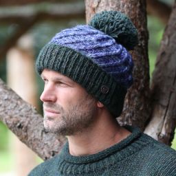 Pure Wool Hand knit - altitude turn up bobble hat - lapis pine heather