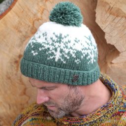 Pure Wool Hand Knit - Snowflake Reflection Bobble Hat - Shale Green