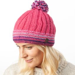 Pure Wool Hand knit - Rib Line Bobble Hat - Pink