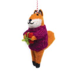 Handmade Christmas - Wool Felt Hanging Decoration - Fox with present