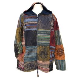 Stonewashed Cotton Patchwork Hooded Jacket - Rust Multi