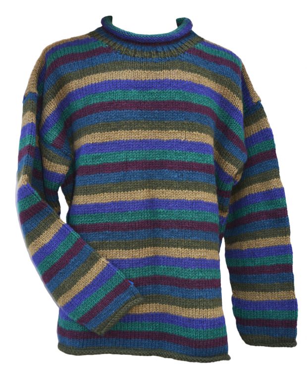 Pure Wool Hand Knit Jumper Stripe Greensblues Black Yak