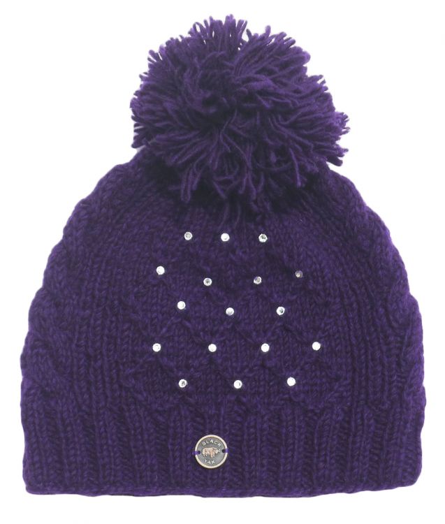 Pure Wool Hand knit trellis sparkle bobble hat Purple