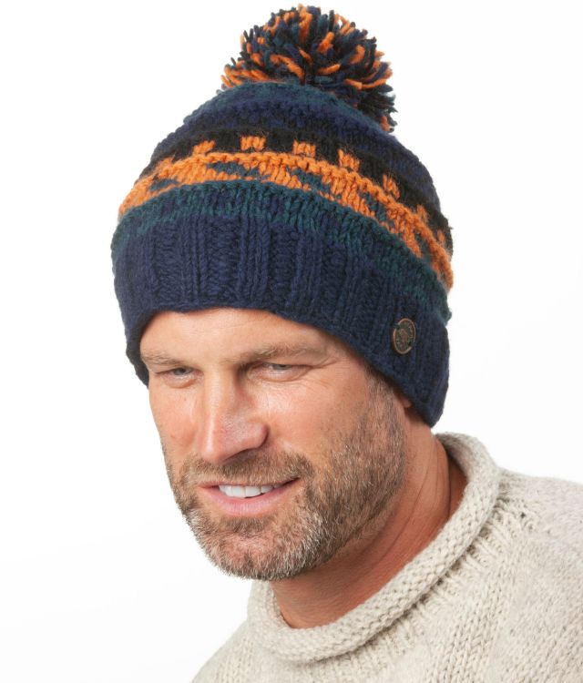 Pure wool Bobble Hat - Ridge Pattern - Blue/black