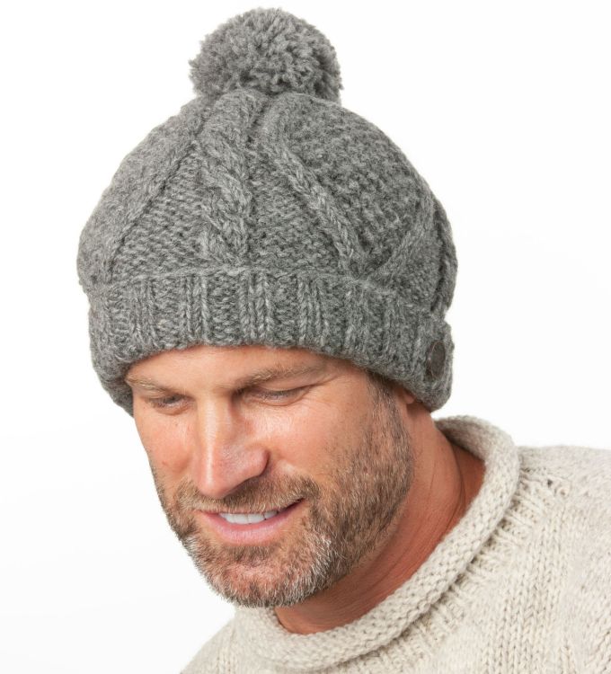 Pure Wool Celtic bobble hat - turn up - mid grey