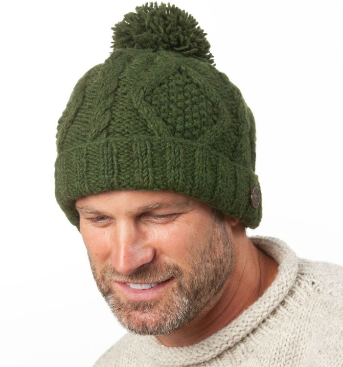 Pure Wool Celtic bobble hat - turn up - dark green