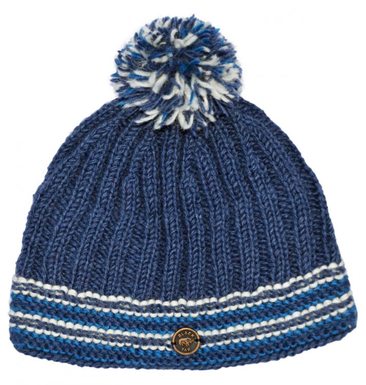 Pure wool - half fleece lined - ribbed - bobble hat - Blue | Black Yak