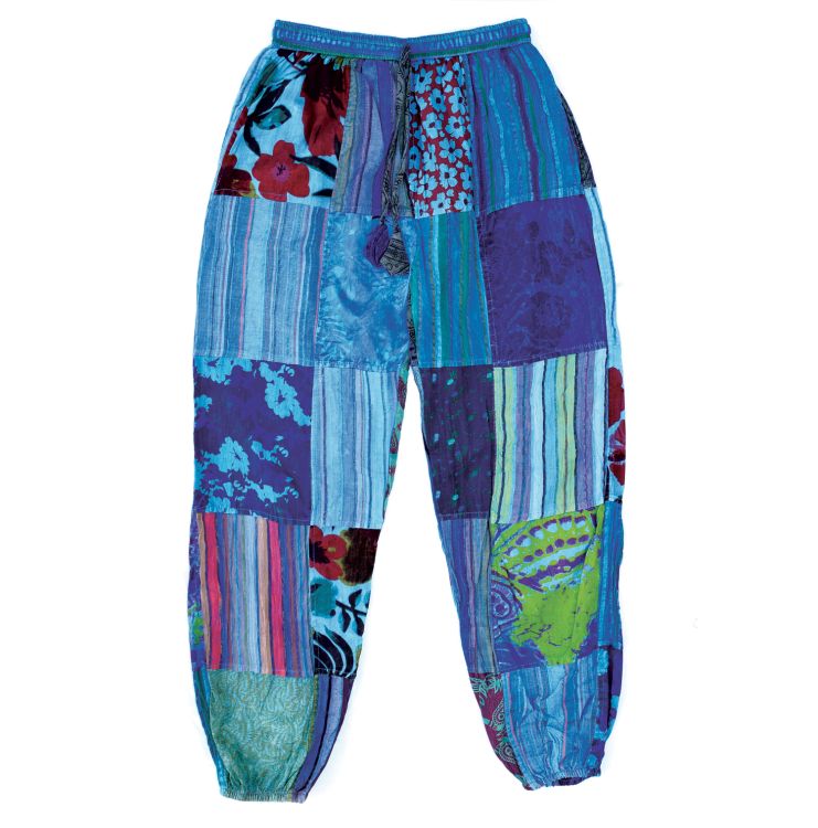 Patchwork Seersucker Cotton - Harem Trousers - Blue/Green